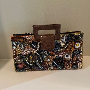 Laura Lee Designs Brown Handbag Purse with Bead Sequin Flower Design.